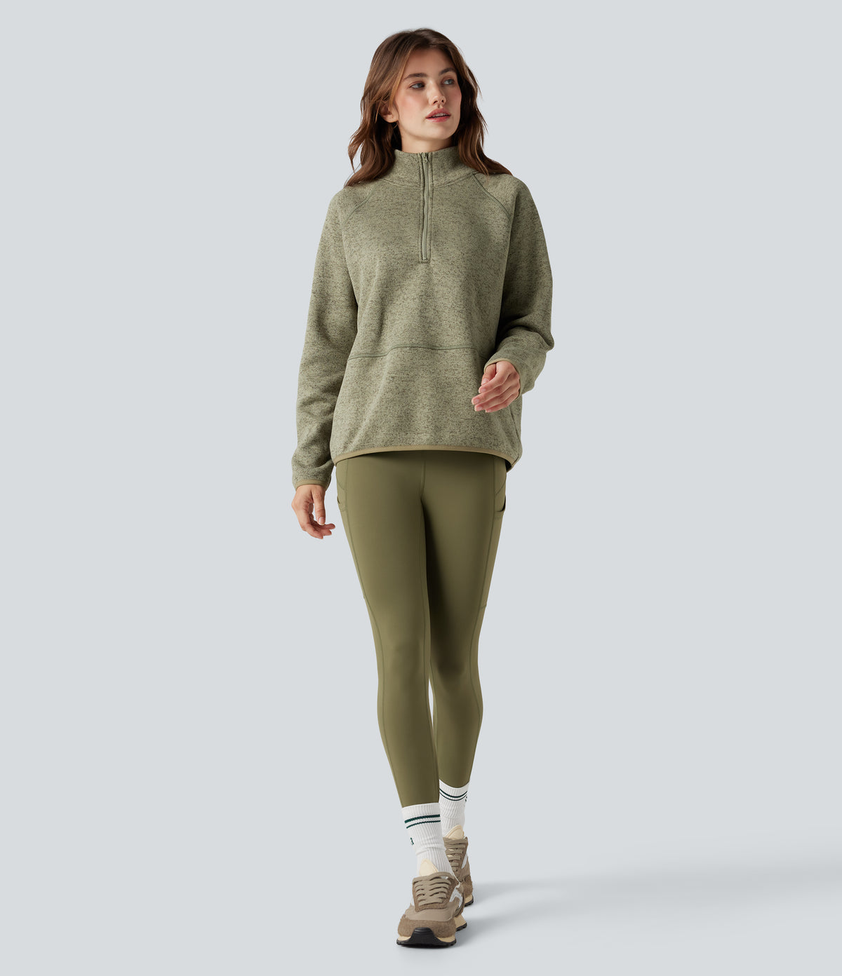 Stand Collar Half Zip Fleece Hiking Heathered Sweatshirt — Earthy Yellow — view 5