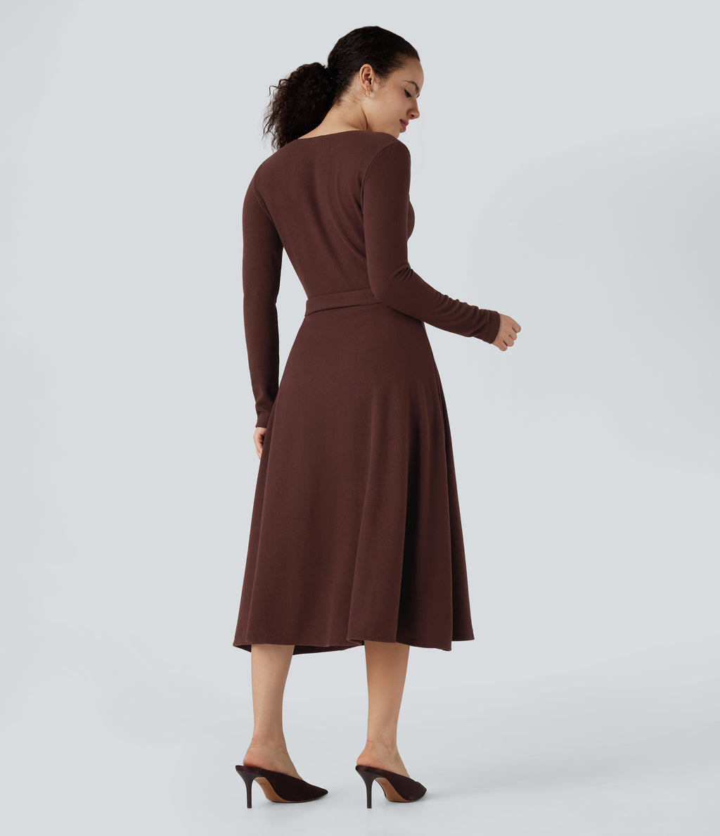 Ribbed Knit V-neck Long Sleeve Belted Midi Work Flowy Dress — Bitter Chocolate — view 2