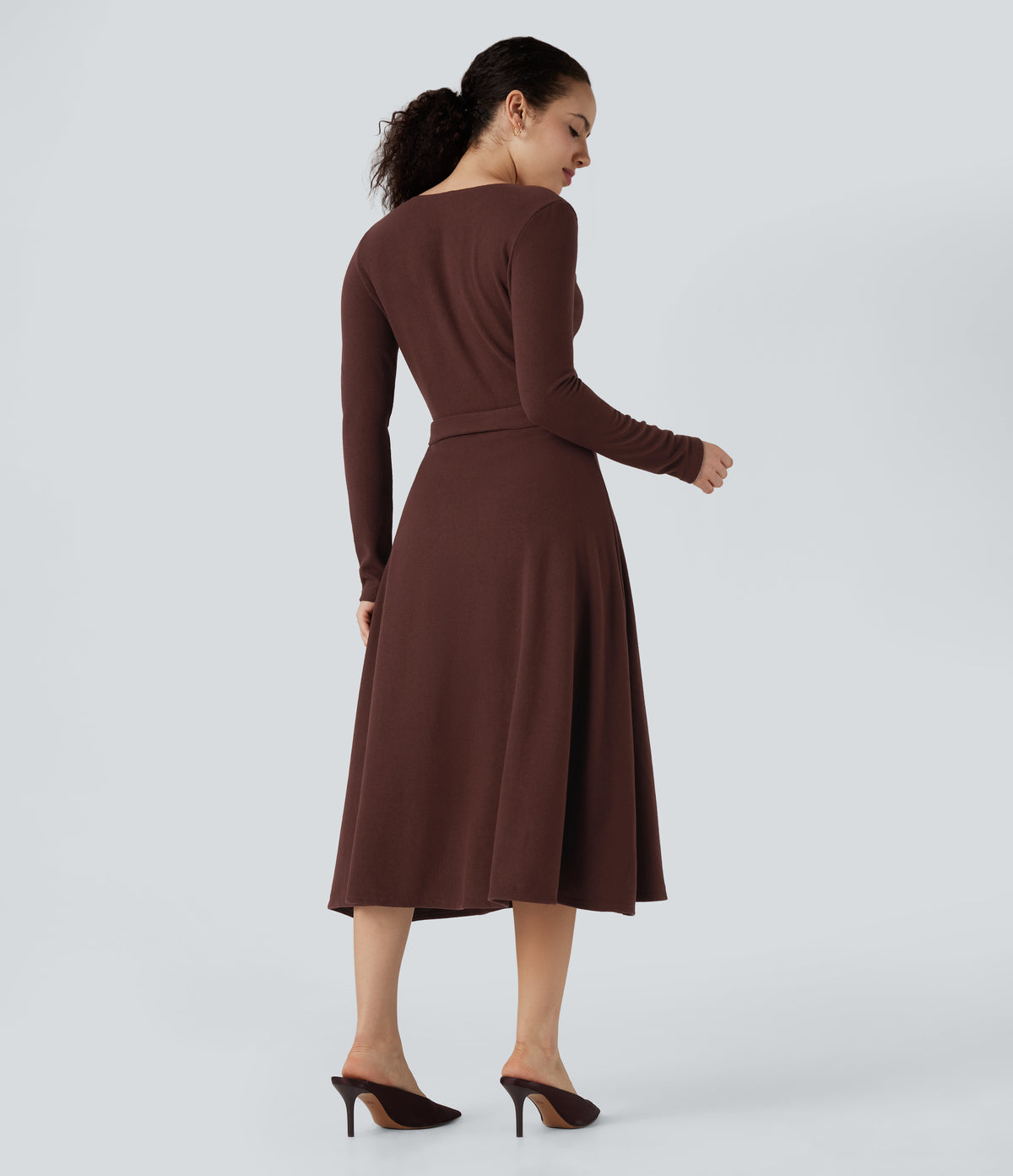 Ribbed Knit V-neck Long Sleeve Belted Midi Work Flowy Dress — Bitter Chocolate — view 2
