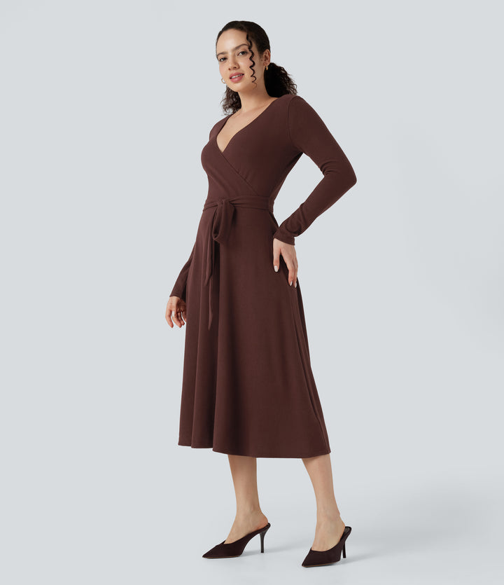 Ribbed Knit V-neck Long Sleeve Belted Midi Work Flowy Dress — Bitter Chocolate — view 1