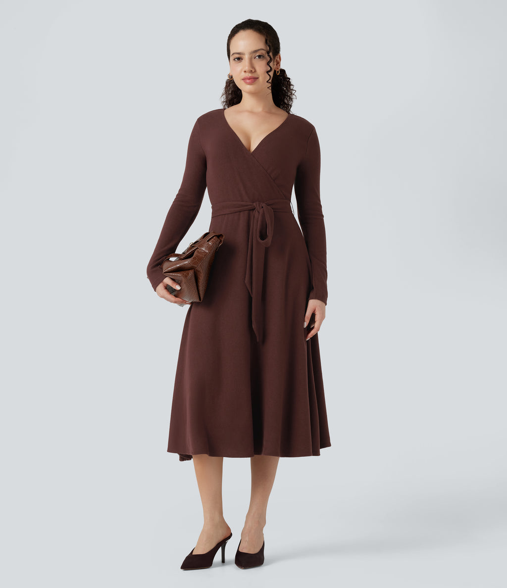 Ribbed Knit V-neck Long Sleeve Belted Midi Work Flowy Dress — Bitter Chocolate — view 6