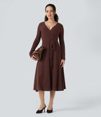 Ribbed Knit V-neck Long Sleeve Belted Midi Work Flowy Dress — Bitter Chocolate — view 6