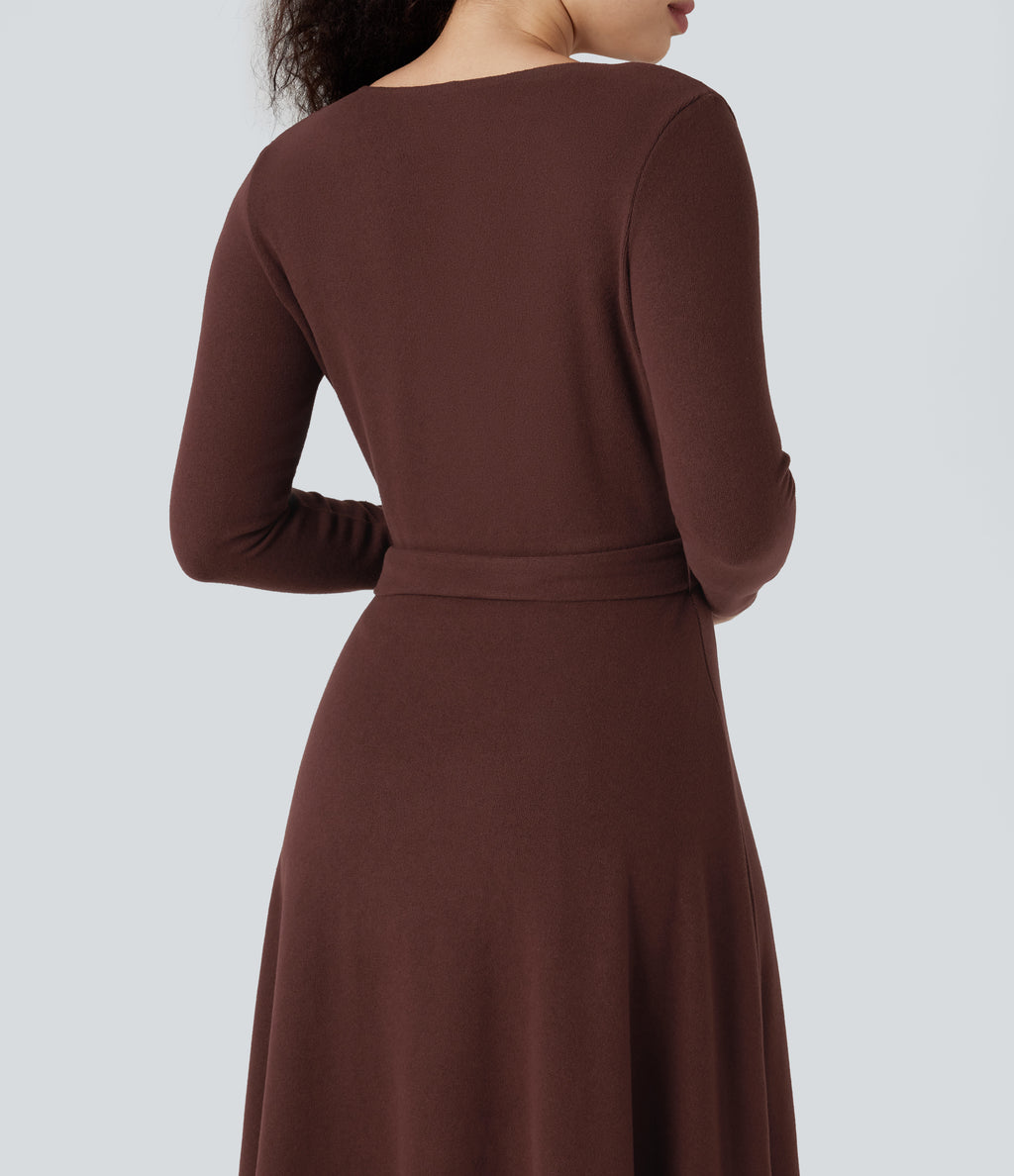 Ribbed Knit V-neck Long Sleeve Belted Midi Work Flowy Dress — Bitter Chocolate — view 5