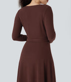 Ribbed Knit V-neck Long Sleeve Belted Midi Work Flowy Dress — Bitter Chocolate — view 5