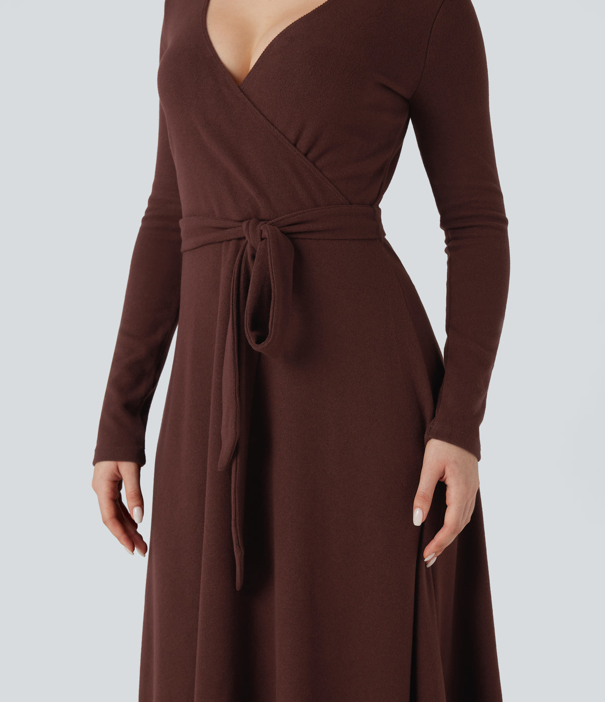 Ribbed Knit V-neck Long Sleeve Belted Midi Work Flowy Dress — Bitter Chocolate — view 4