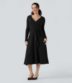 Ribbed Knit V-neck Long Sleeve Belted Midi Work Flowy Dress — Black — view 8