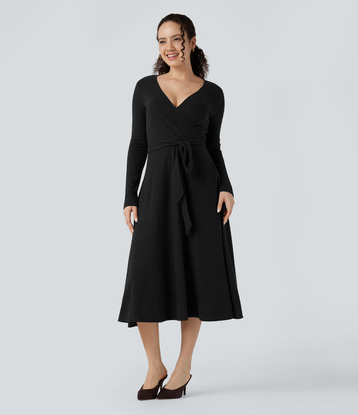 Ribbed Knit V-neck Long Sleeve Belted Midi Work Flowy Dress — Black — view 8