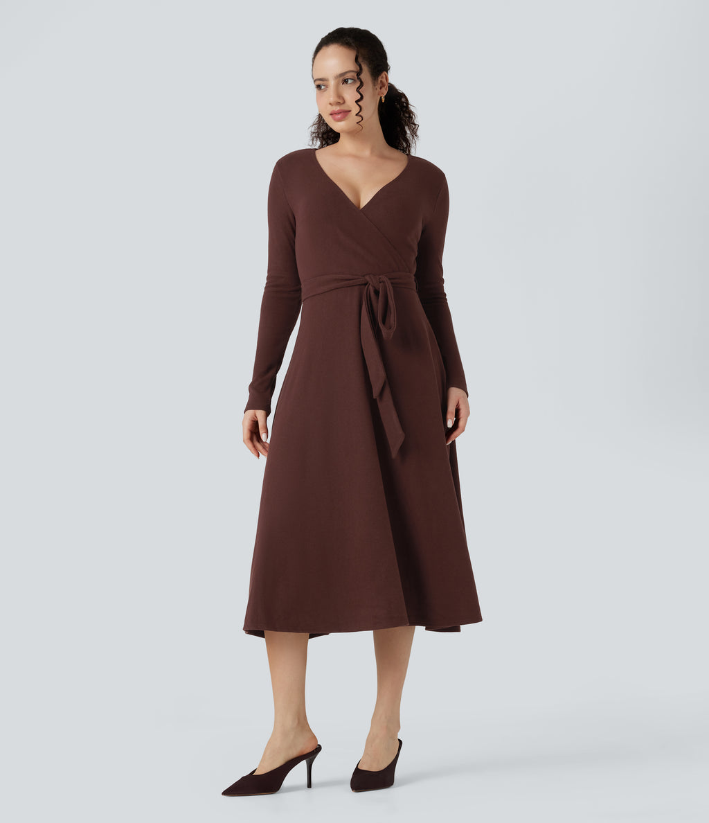 Ribbed Knit V-neck Long Sleeve Belted Midi Work Flowy Dress — Bitter Chocolate — view 3