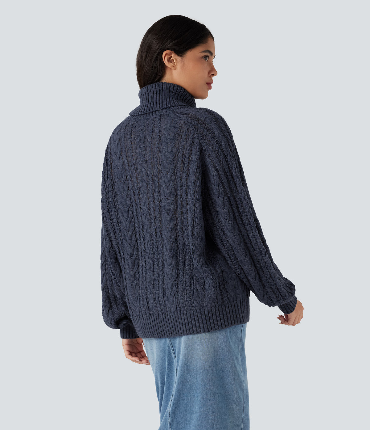 High Neck Long Sleeve Cable Knit Casual Jumper — Always in a Mood - Dark Blue — view 2