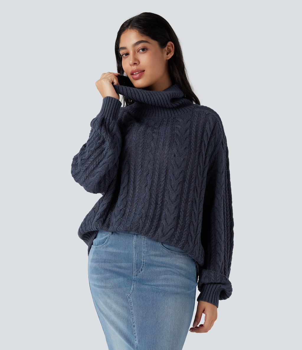High Neck Long Sleeve Cable Knit Casual Jumper — Always in a Mood - Dark Blue — view 1