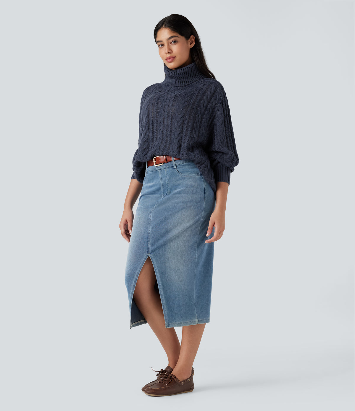 High Neck Long Sleeve Cable Knit Casual Jumper — Always in a Mood - Dark Blue — view 6