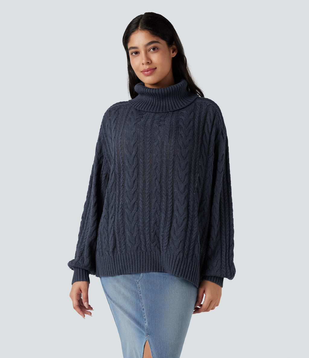 High Neck Long Sleeve Cable Knit Casual Jumper — Always in a Mood - Dark Blue — view 4