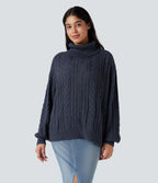High Neck Long Sleeve Cable Knit Casual Jumper — Always in a Mood - Dark Blue — view 4