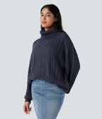 High Neck Long Sleeve Cable Knit Casual Jumper — Always in a Mood - Dark Blue — view 3