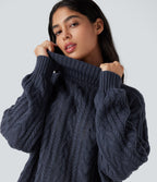 High Neck Long Sleeve Cable Knit Casual Jumper — Always in a Mood - Dark Blue — view 5