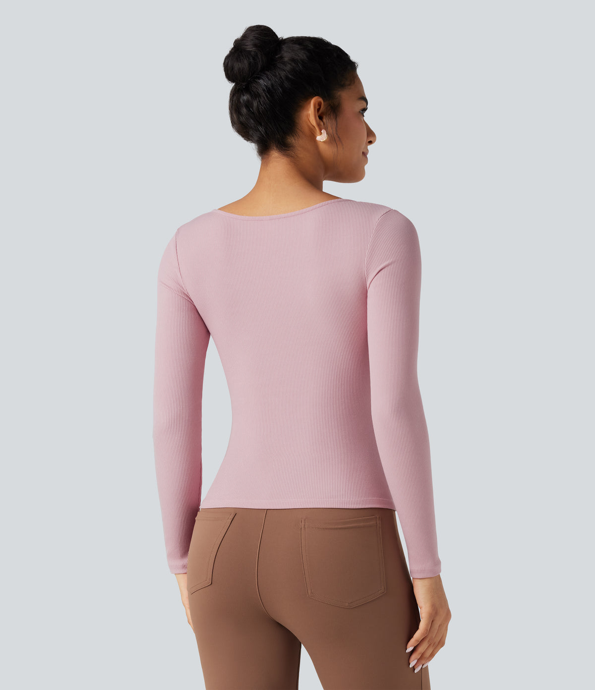 Ribbed Knit Square Neck Ruched Long Sleeve Work T-Shirt — Zephyr — view 3