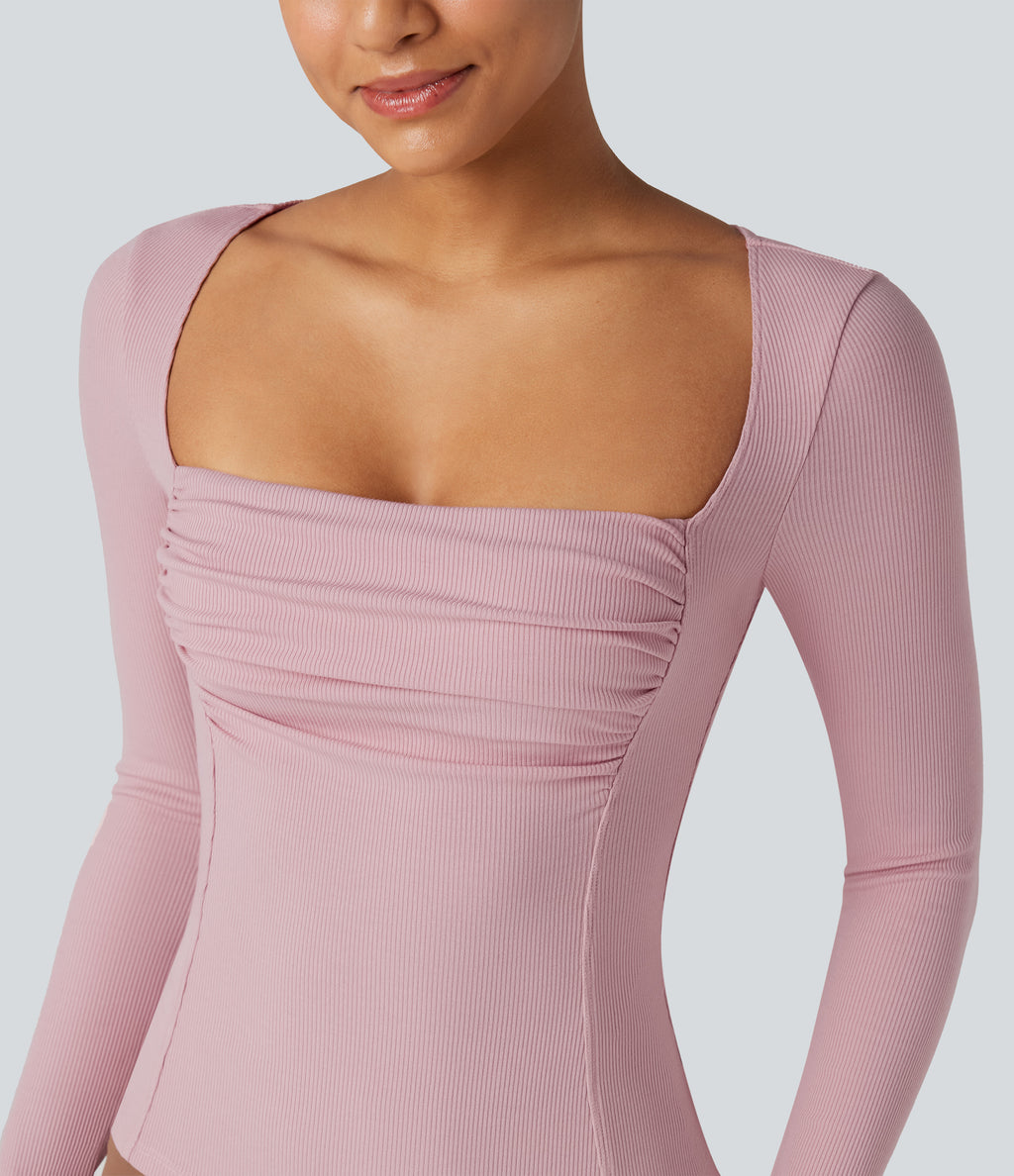 Ribbed Knit Square Neck Ruched Long Sleeve Work T-Shirt — Zephyr — view 1