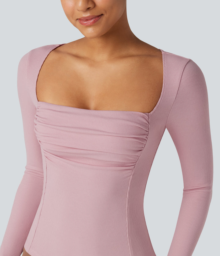 Ribbed Knit Square Neck Ruched Long Sleeve Work T-Shirt — Zephyr — view 1