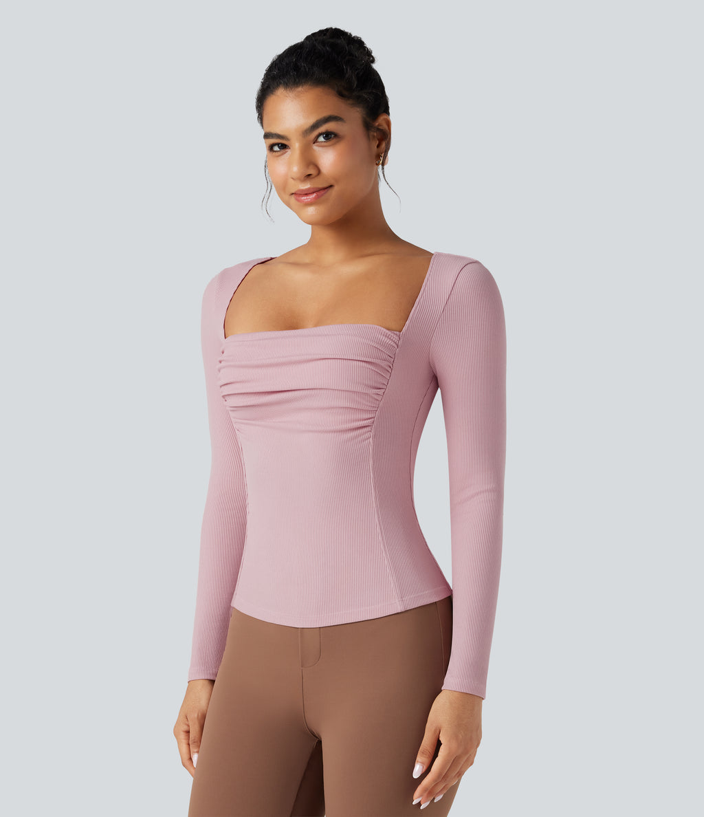 Ribbed Knit Square Neck Ruched Long Sleeve Work T-Shirt — Zephyr — view 4