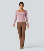 Ribbed Knit Square Neck Ruched Long Sleeve Work T-Shirt — Zephyr — view 5