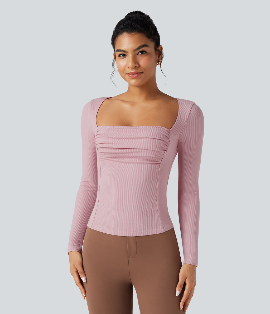 Ribbed Knit Square Neck Ruched Long Sleeve Work T-Shirt — Zephyr — view 2
