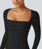 Ribbed Knit Square Neck Ruched Long Sleeve Work T-Shirt — Black — view 6