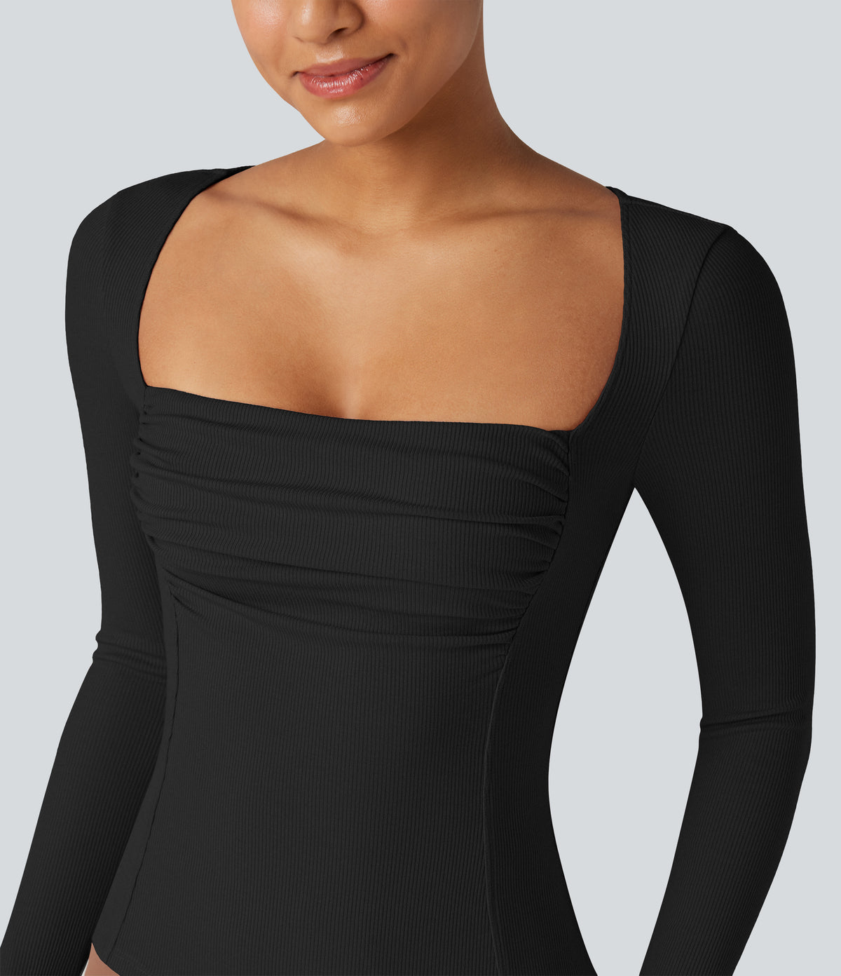Ribbed Knit Square Neck Ruched Long Sleeve Work T-Shirt — Black — view 6