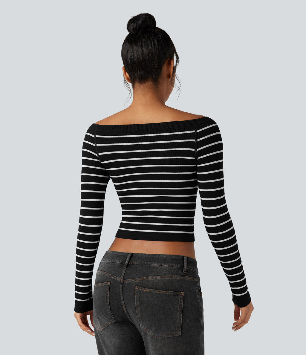 OneForm Seamless Flow Off-shoulder Reglan Long Sleeve Striped Casual Sports Top — Black White Horizontal Stripe — view 2