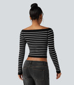 OneForm Seamless Flow Off-shoulder Reglan Long Sleeve Striped Casual Sports Top — Black White Horizontal Stripe — view 2