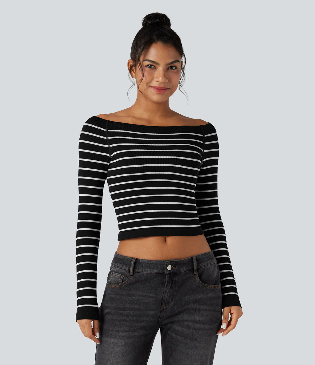 OneForm Seamless Flow Off-shoulder Reglan Long Sleeve Striped Casual Sports Top — Black White Horizontal Stripe — view 1