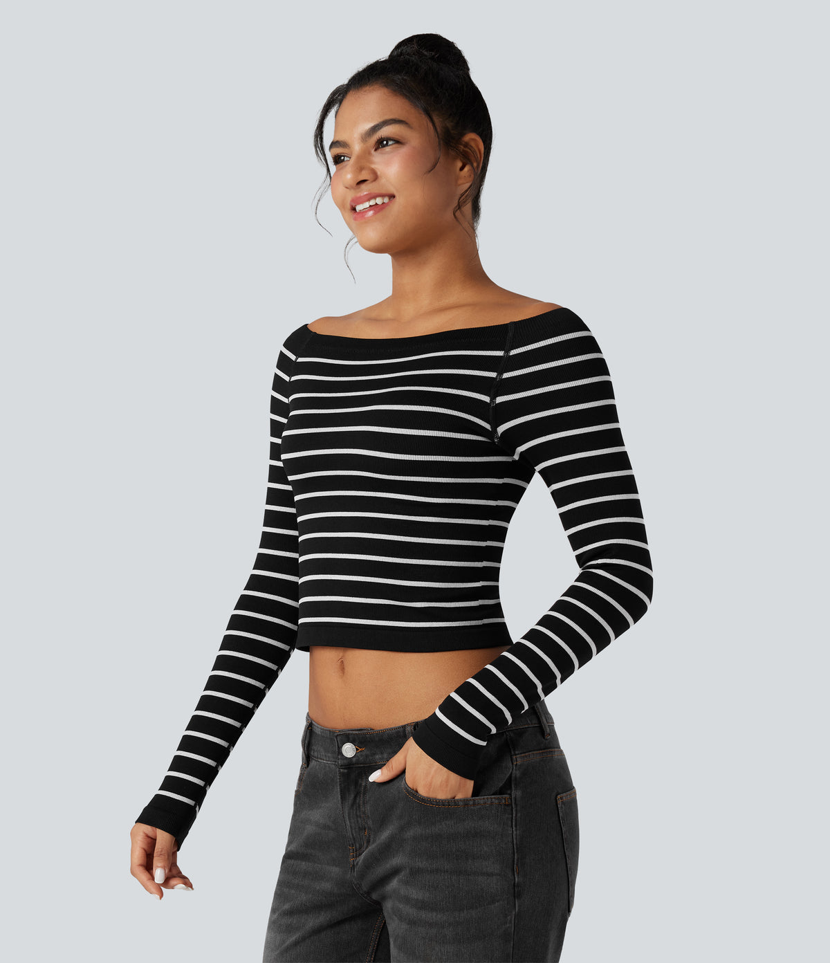 OneForm Seamless Flow Off-shoulder Reglan Long Sleeve Striped Casual Sports Top — Black White Horizontal Stripe — view 3