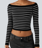 OneForm Seamless Flow Off-shoulder Reglan Long Sleeve Striped Casual Sports Top — Black White Horizontal Stripe — view 4