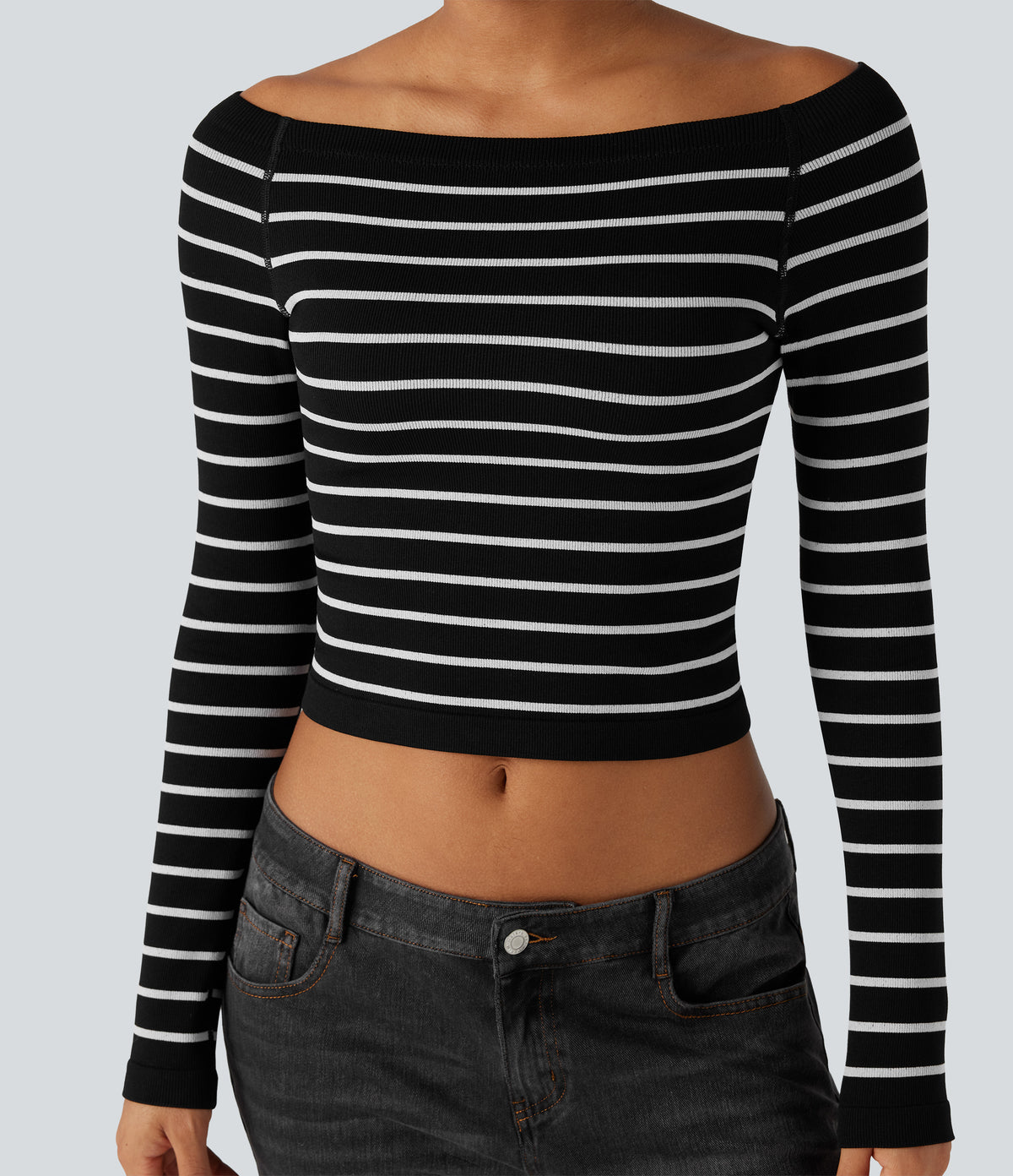 OneForm Seamless Flow Off-shoulder Reglan Long Sleeve Striped Casual Sports Top — Black White Horizontal Stripe — view 4