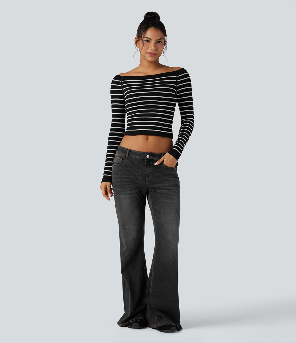 OneForm Seamless Flow Off-shoulder Reglan Long Sleeve Striped Casual Sports Top — Black White Horizontal Stripe — view 5