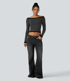 OneForm Seamless Flow Off-shoulder Reglan Long Sleeve Striped Casual Sports Top — Black White Horizontal Stripe — view 5