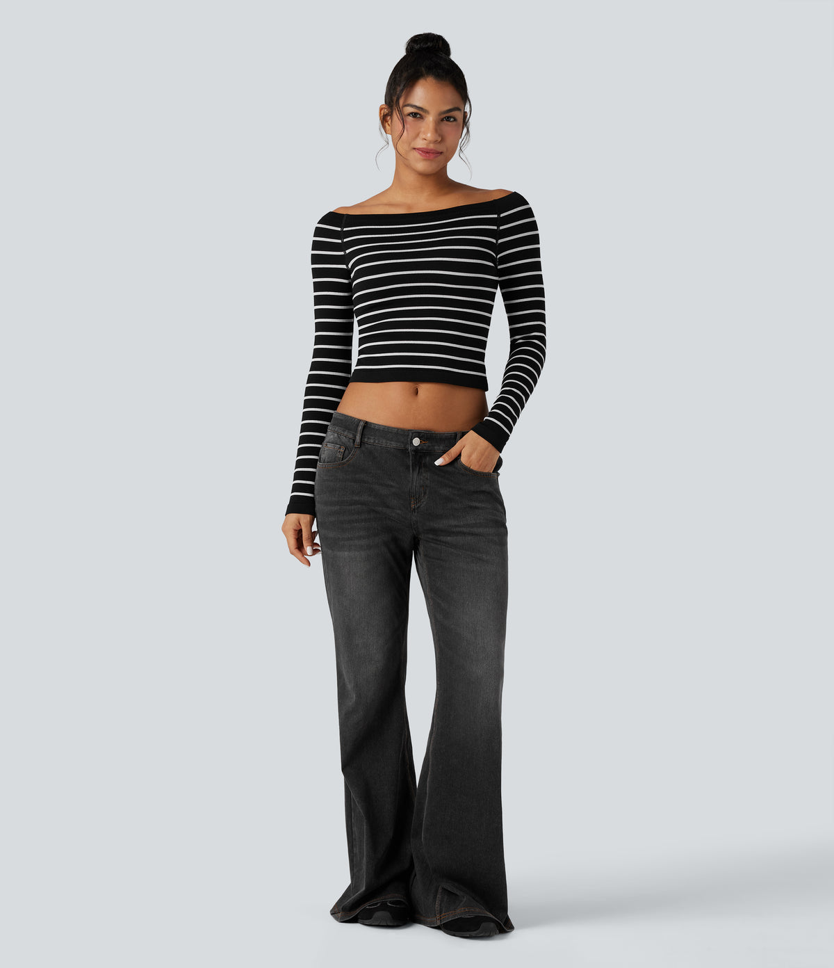 OneForm Seamless Flow Off-shoulder Reglan Long Sleeve Striped Casual Sports Top — Black White Horizontal Stripe — view 5