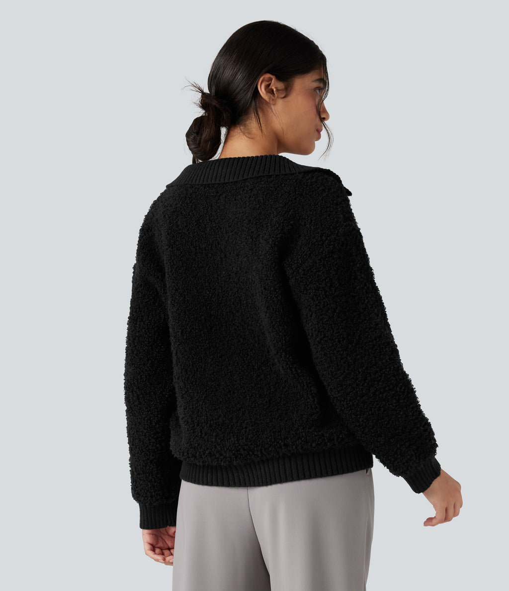 Lapel Reglan Long Sleeve Work Jumper with Pockets — Black — view 2