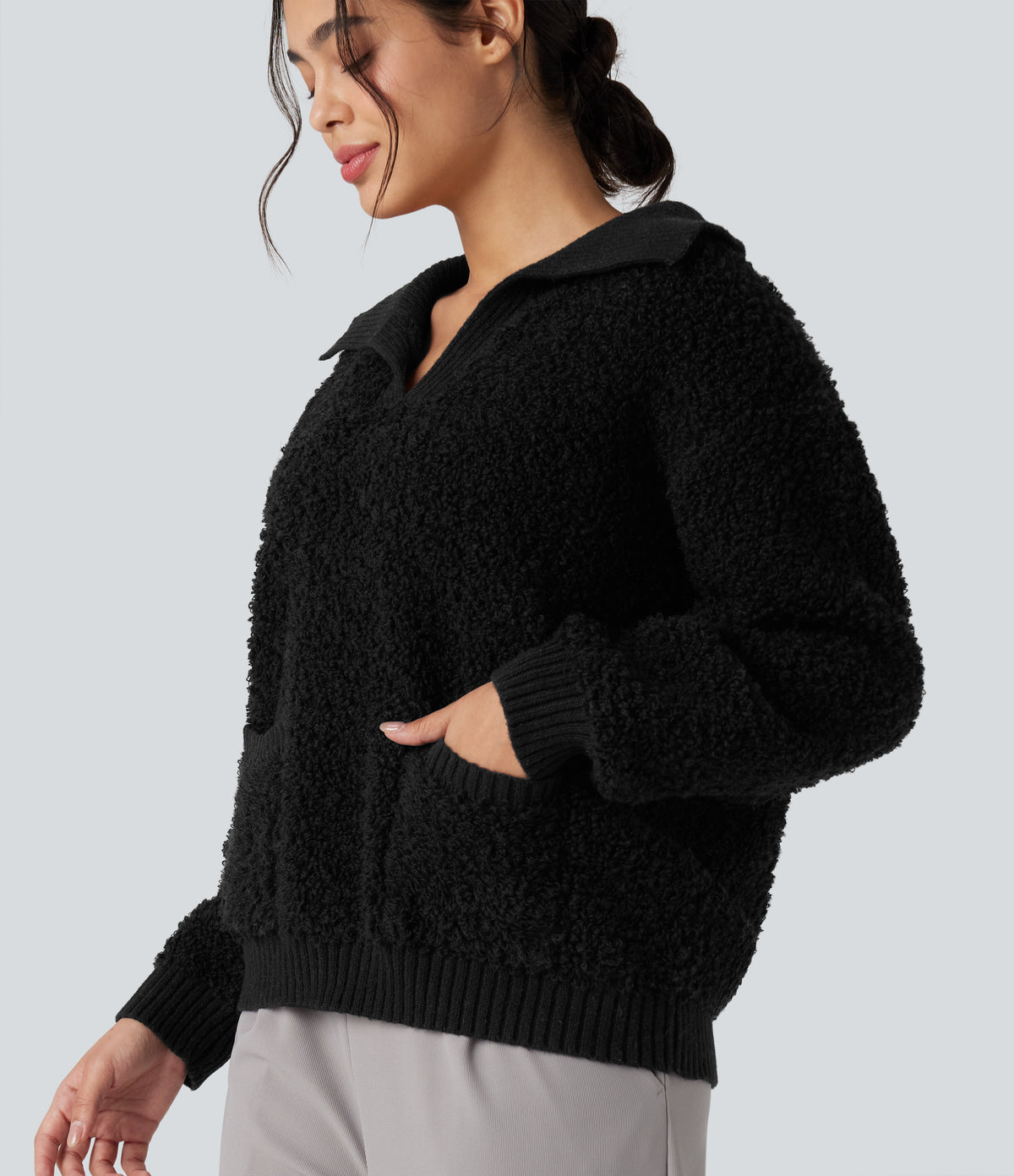 Lapel Reglan Long Sleeve Work Jumper with Pockets — Black — view 5