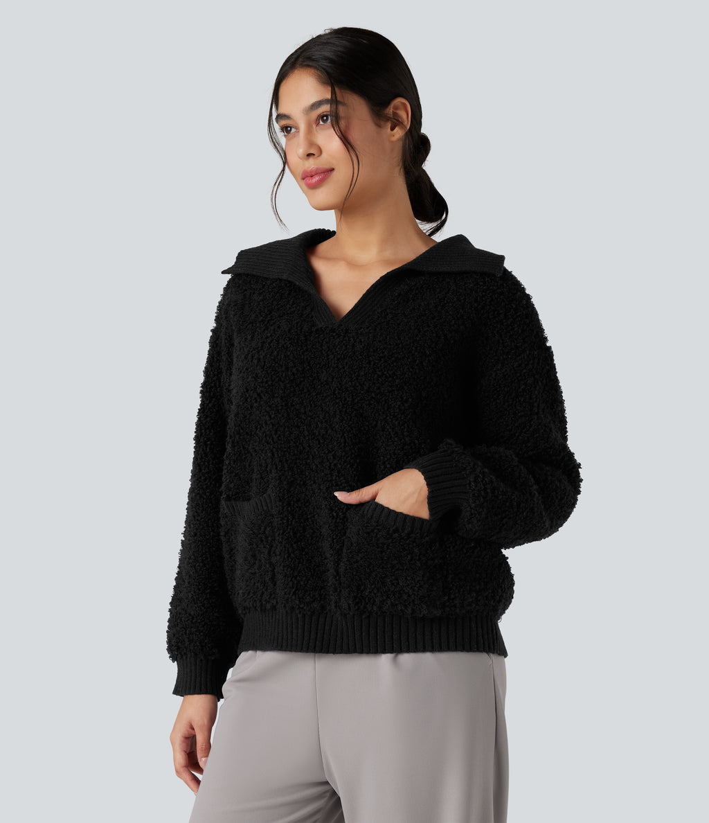 Lapel Reglan Long Sleeve Work Jumper with Pockets — Black — view 3