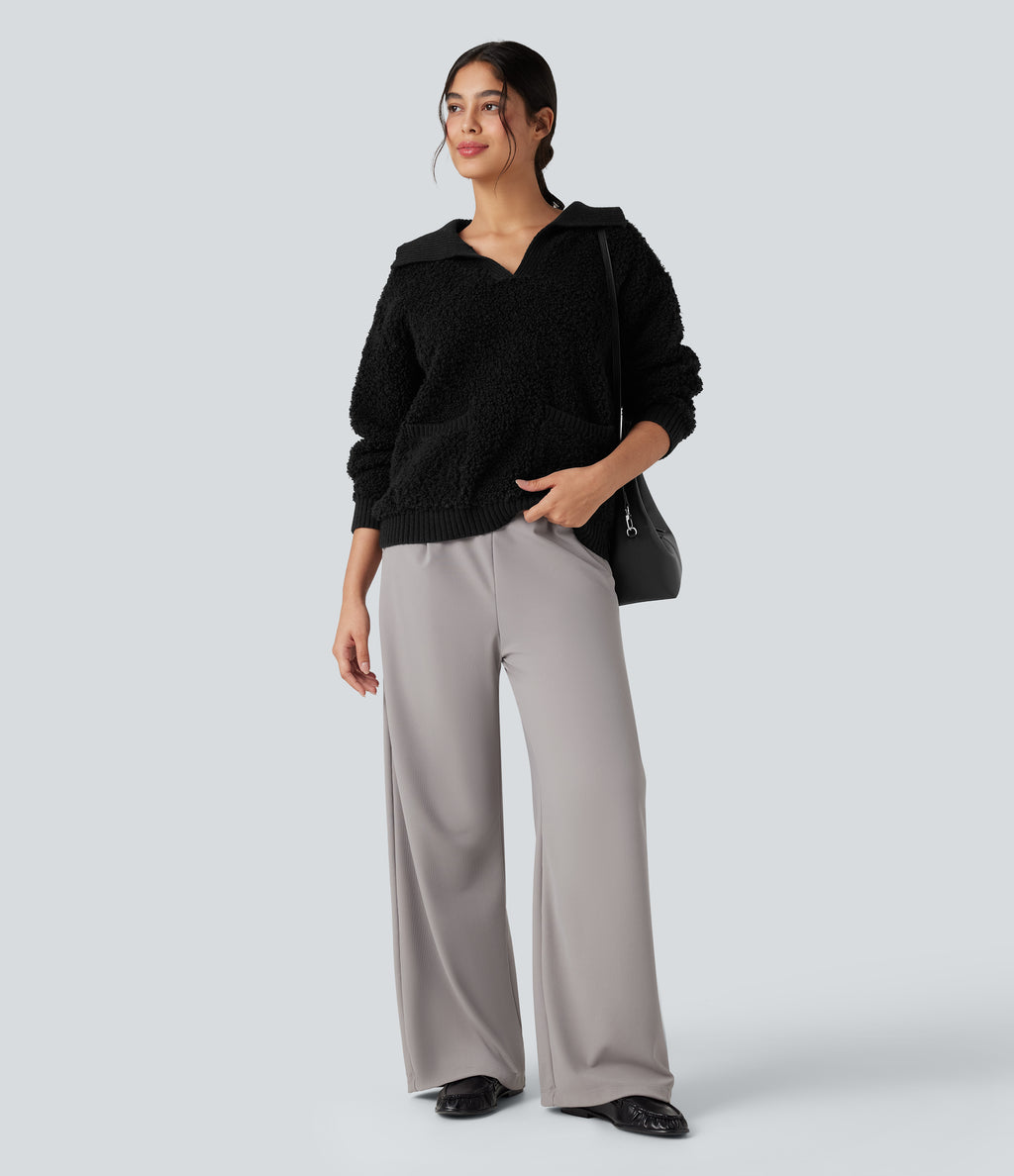 Lapel Reglan Long Sleeve Work Jumper with Pockets — Black — view 7