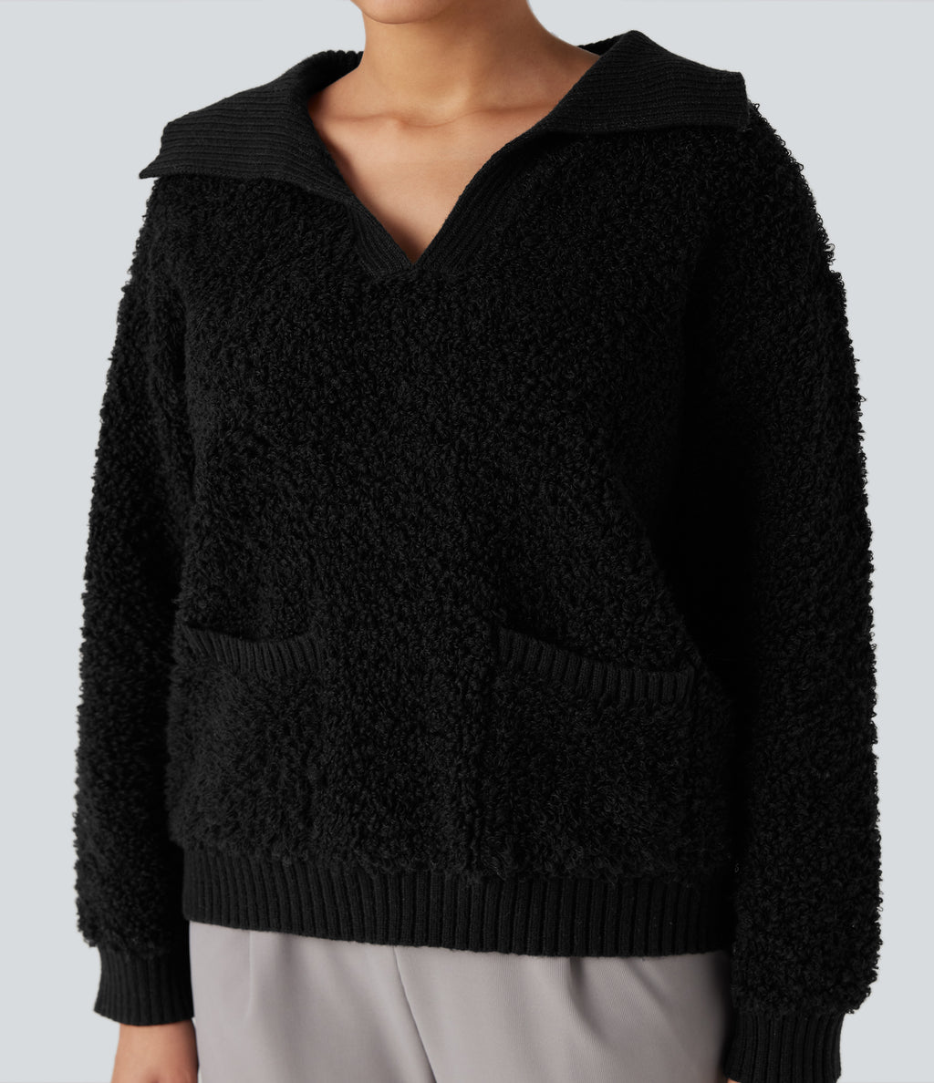 Lapel Reglan Long Sleeve Work Jumper with Pockets — Black — view 4