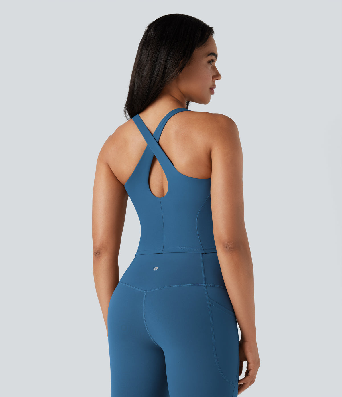 Deep V-neck Push-Up Crisscross Back 2-in-1 Yoga Tank Top — Vallarta Blue — view 3