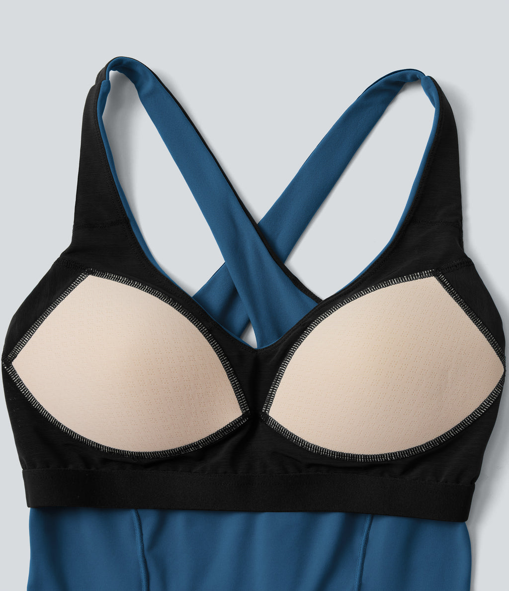 Deep V-neck Push-Up Crisscross Back 2-in-1 Yoga Tank Top — Vallarta Blue — view 7