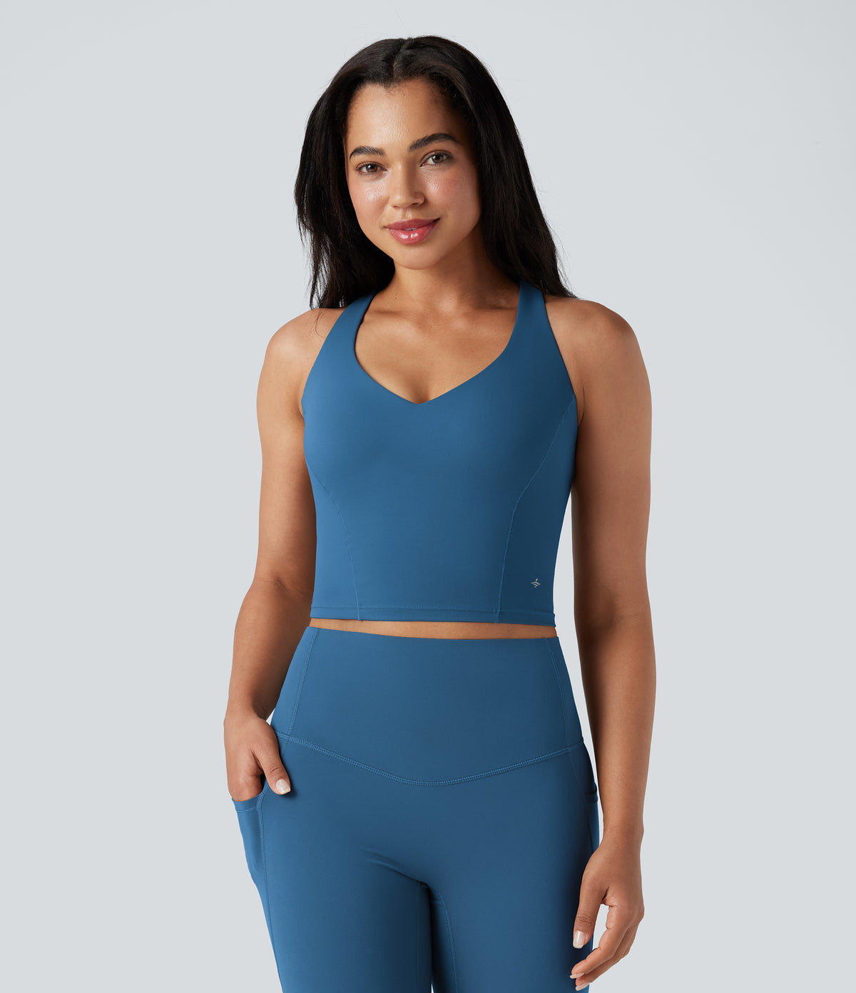 Deep V-neck Push-Up Crisscross Back 2-in-1 Yoga Tank Top — Vallarta Blue — view 2
