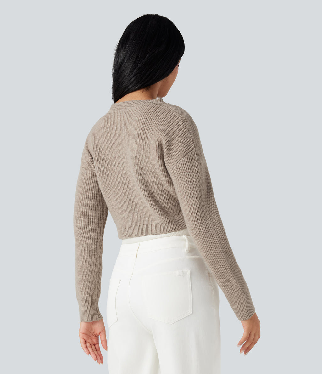 V-neck Long Sleeve Cropped Work Cardigan — Mocha Meringue — view 2