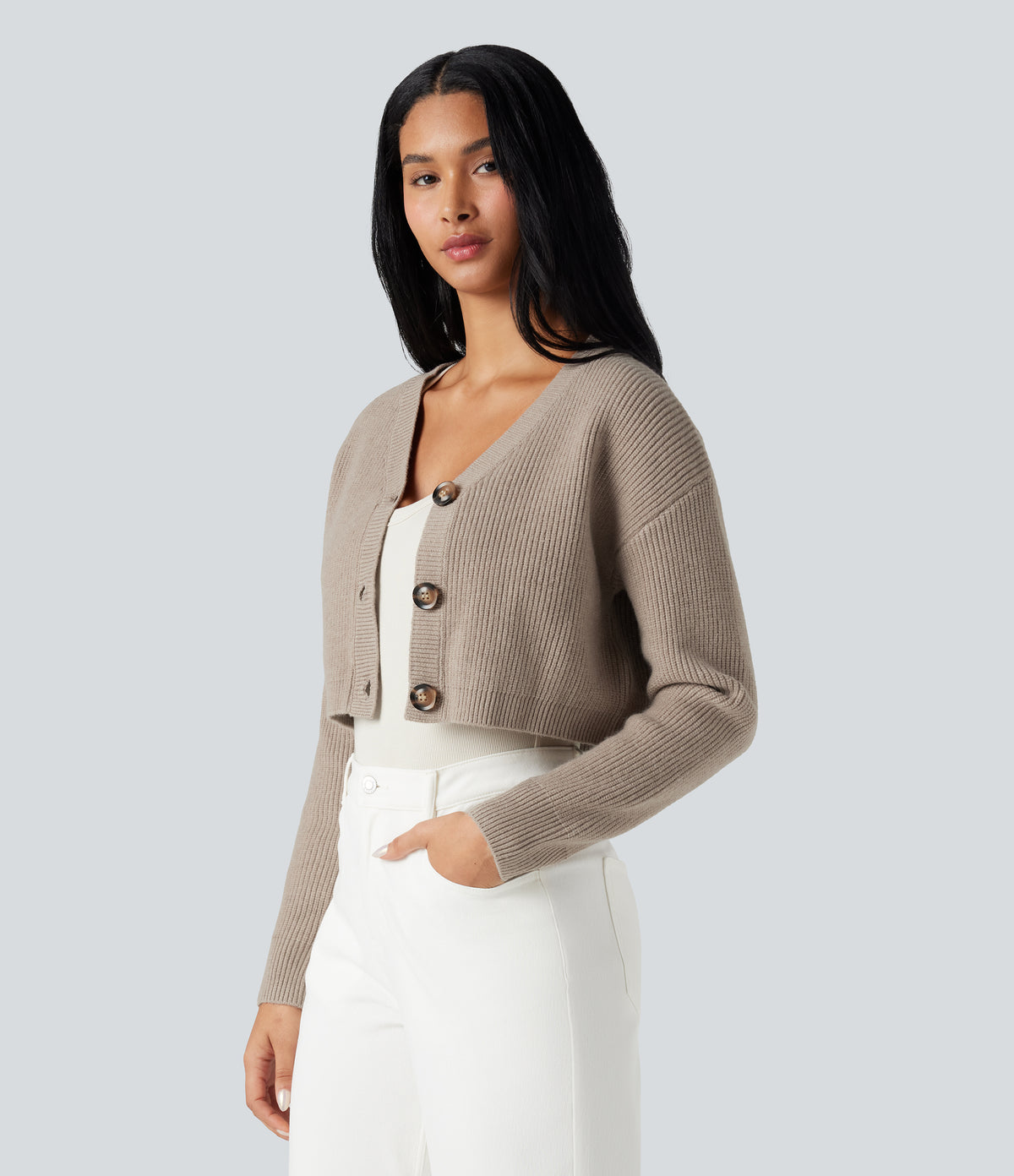 V-neck Long Sleeve Cropped Work Cardigan — Mocha Meringue — view 3