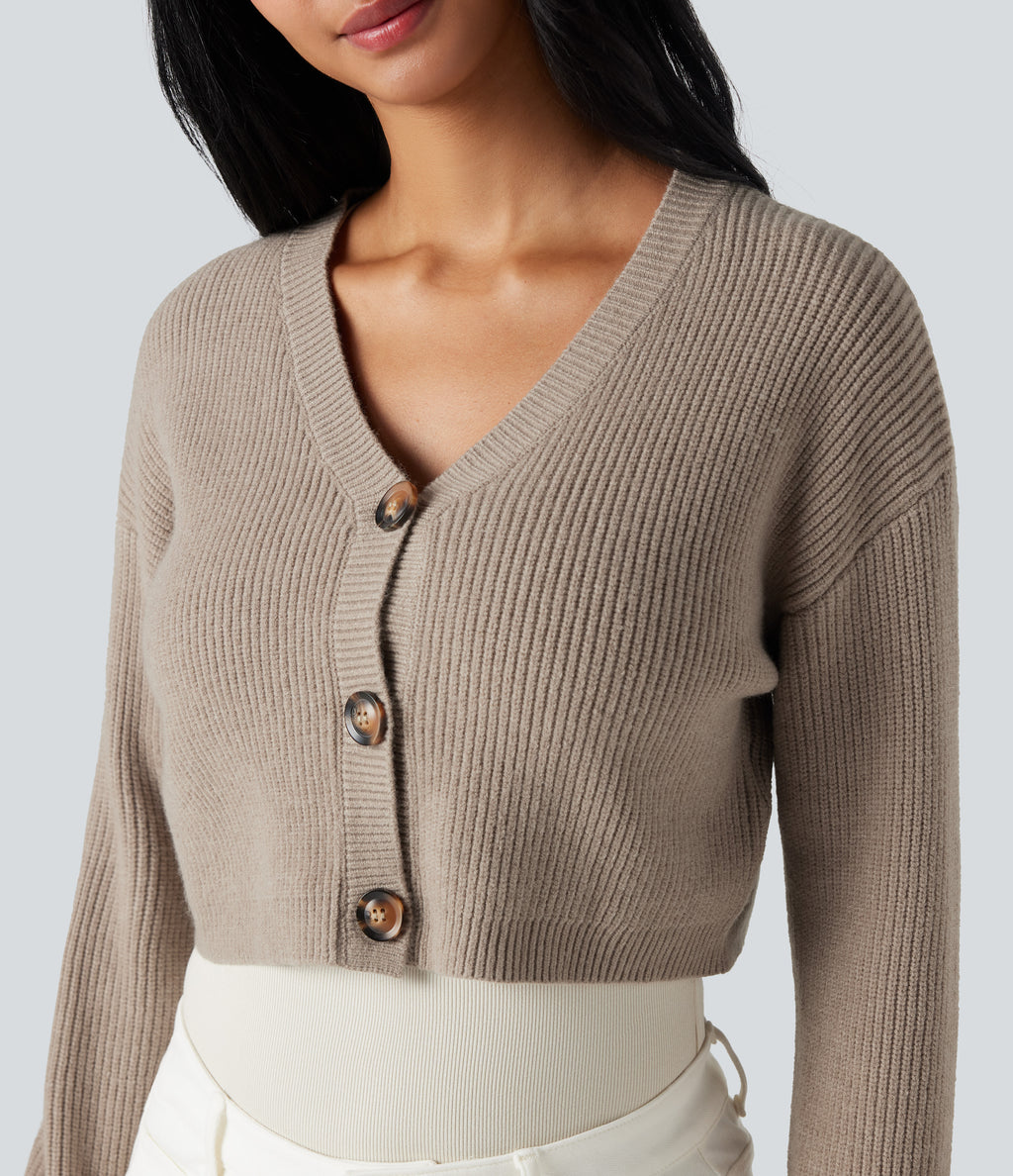 V-neck Long Sleeve Cropped Work Cardigan — Mocha Meringue — view 4