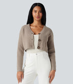 V-neck Long Sleeve Cropped Work Cardigan — Mocha Meringue — view 1