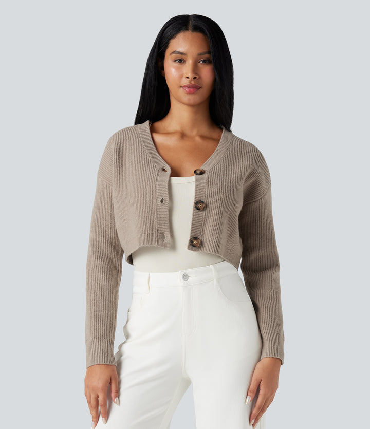 V-neck Long Sleeve Cropped Work Cardigan — Mocha Meringue — view 1