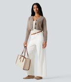 V-neck Long Sleeve Cropped Work Cardigan — Mocha Meringue — view 5